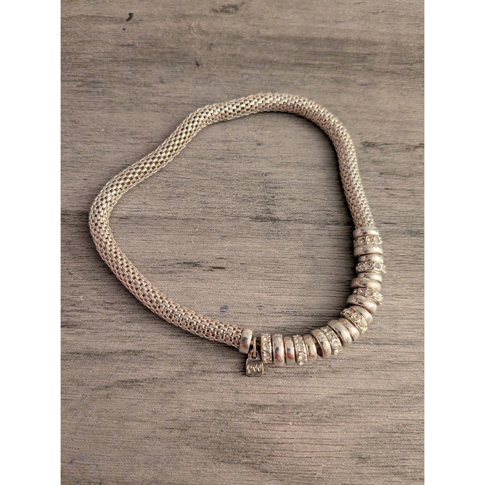 Nine West Silver Tone Mesh Stretch Bracelet Crystal Rondelle Charms NW Logo